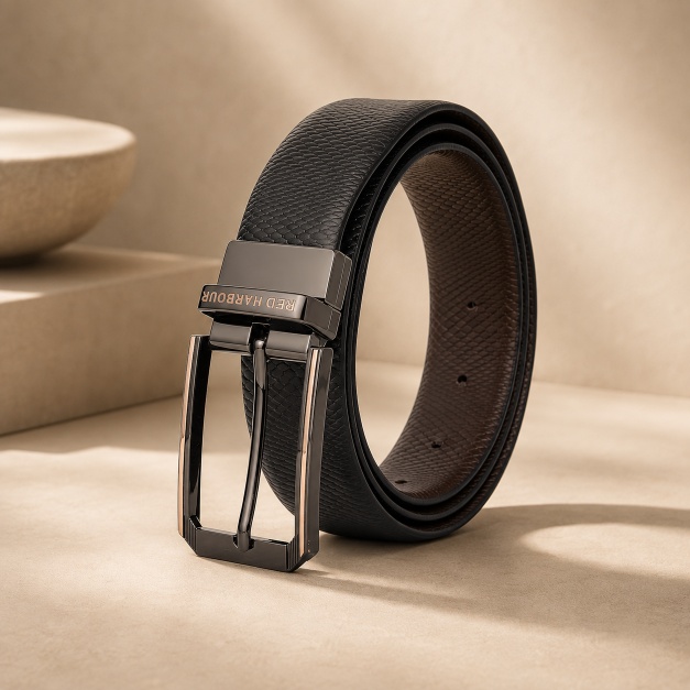 Red Harbour Saffiano Textured Leather Belt- Black