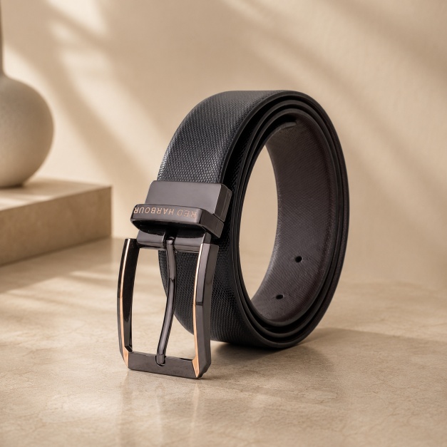 Red Harbour Hatched-GrainLeather belt- Black